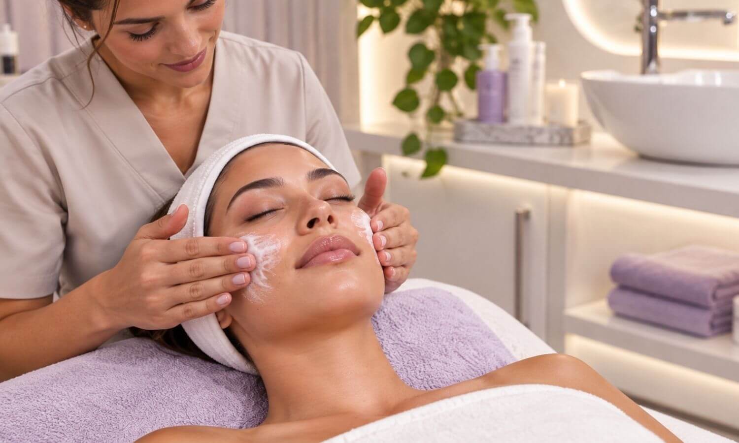 Lady getting a facial from a therapist, cream on her face